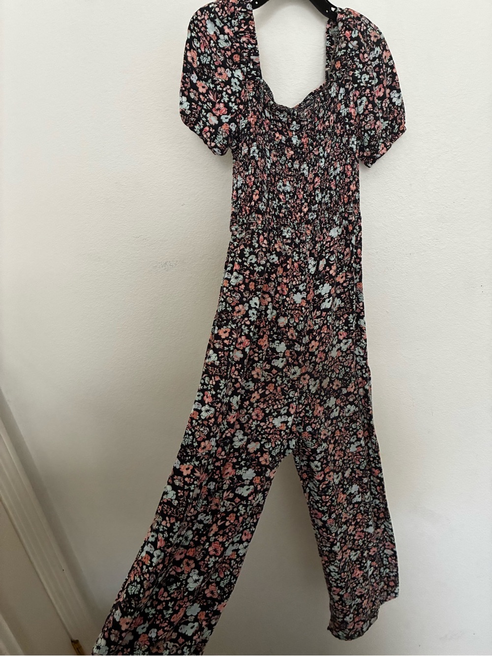 art class Black Floral Smocked Jumpsuit with Pink and Light Blue Flowers